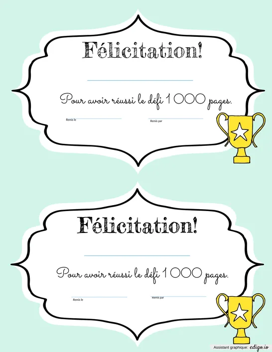 Certificat Défi 1000 pages
