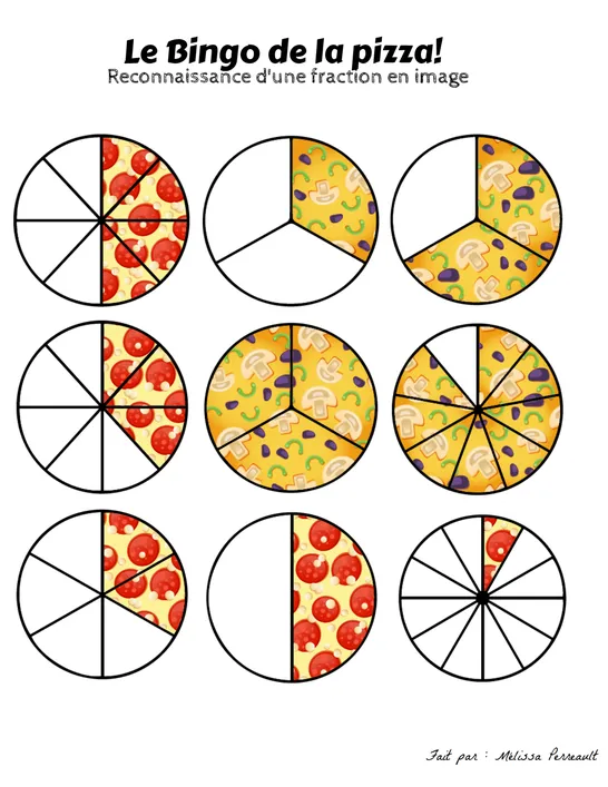 Le bingo des fractions, pizza, Fourth grade, Playing cards, Arithmetic