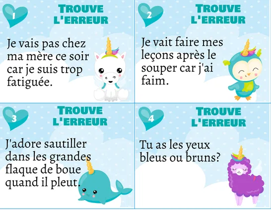 Cartes à tâches trouve l'erreur, 4e année, Cartes à tâche, Grammaire