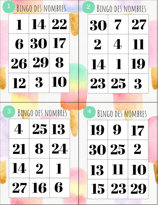 Bingo des nombres, Préscolaire, Cartes de jeu, Arithmétique