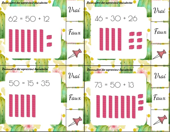 Reconnaître des expressions équivalentes, 2e année, Cartes à tâche, Arithmétique