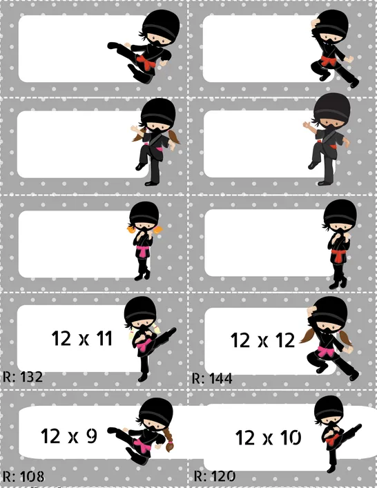 Cartes multiplications Ninja, 6e année, Cartes de jeu, Arithmétique