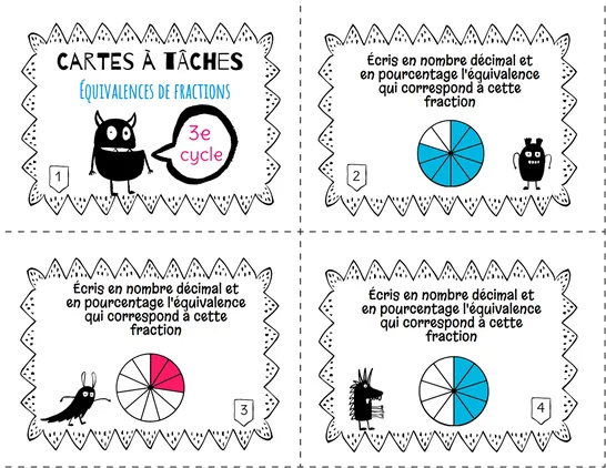 Cartes à tâches - Équivalences fractions pourcentages et nombres décimaux, Sixth grade, Task cards, Arithmetic