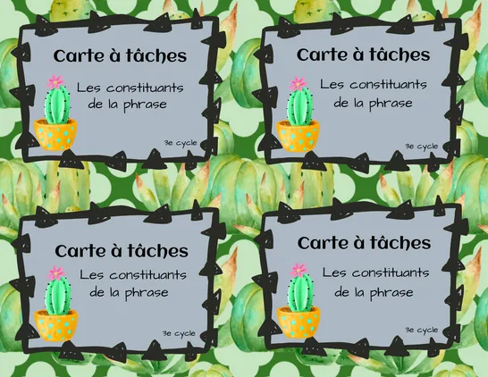 Carte à tâches : constituants de la phrases., 6e année, Cartes à tâche, Grammaire