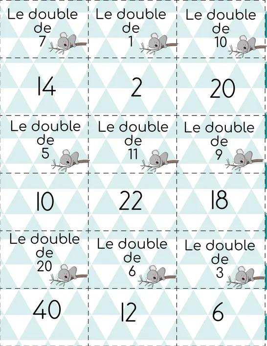 Double/moitié, 2e année, Cartes de jeu, Algèbre