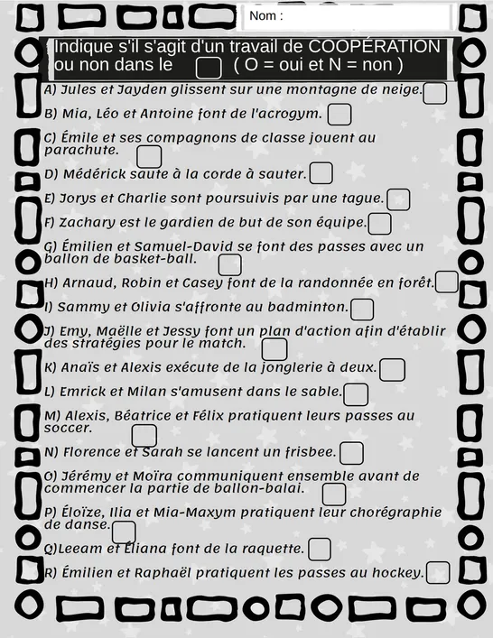 Coopération (test), 4e année, Exercices et activités, Éducation physique