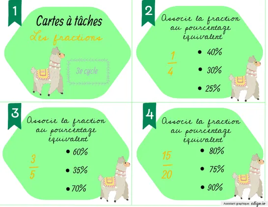 Cartes à tâches - Équivalences fractions et pourcentages