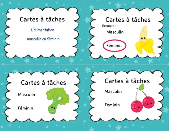 Carte à tâche - alimentation - masculin/féminin, 2nd grade, Task cards, Grammar