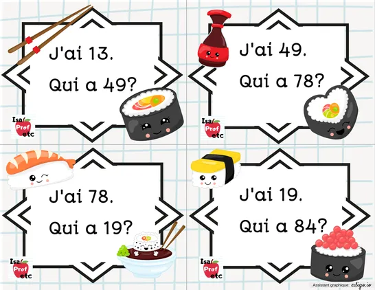 Sushis et nombres! 1 à 100 - Jeu J'ai... Qui a? Isa Prof Etc
