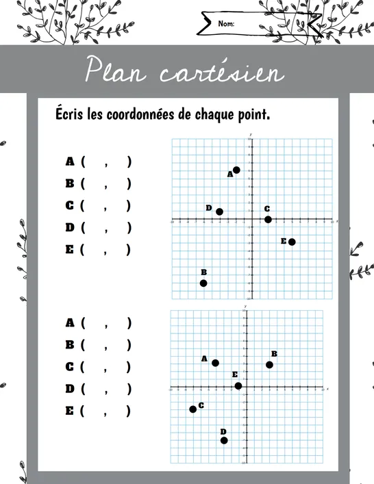 Plan cartésien - nb, CM1, Exercices et activités, Algèbre