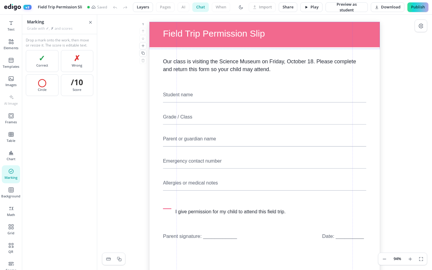 Auto-Graded Assignments, Synced to Your Classroom shown in the Edigo editor