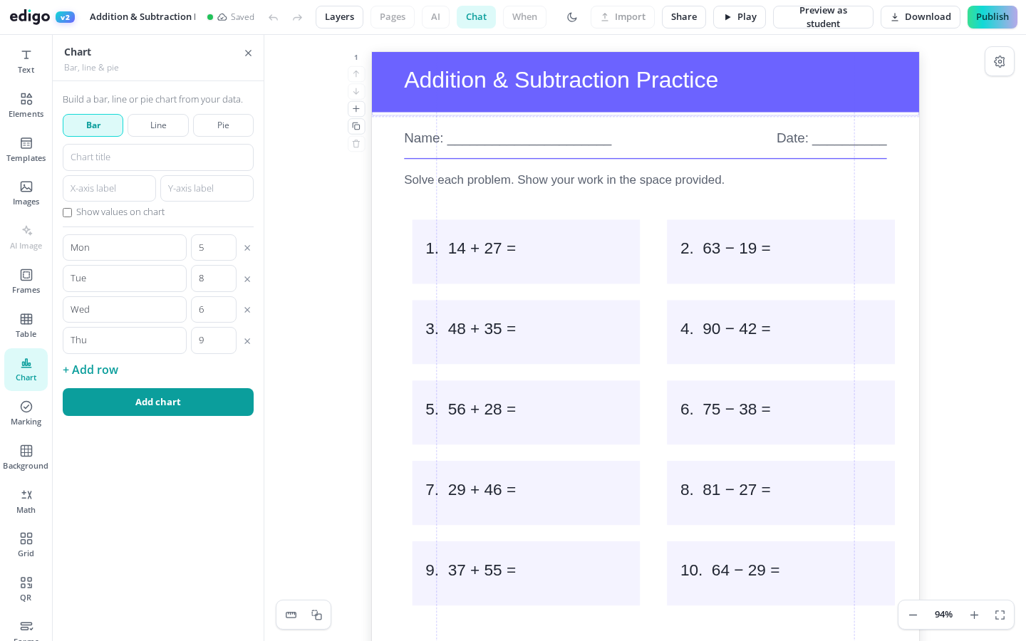 Turn classroom data into clear, colourful charts shown in the Edigo editor