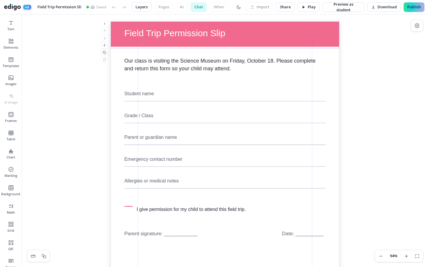 Permission Slips & Consent Forms Parents Can Sign shown in the Edigo editor