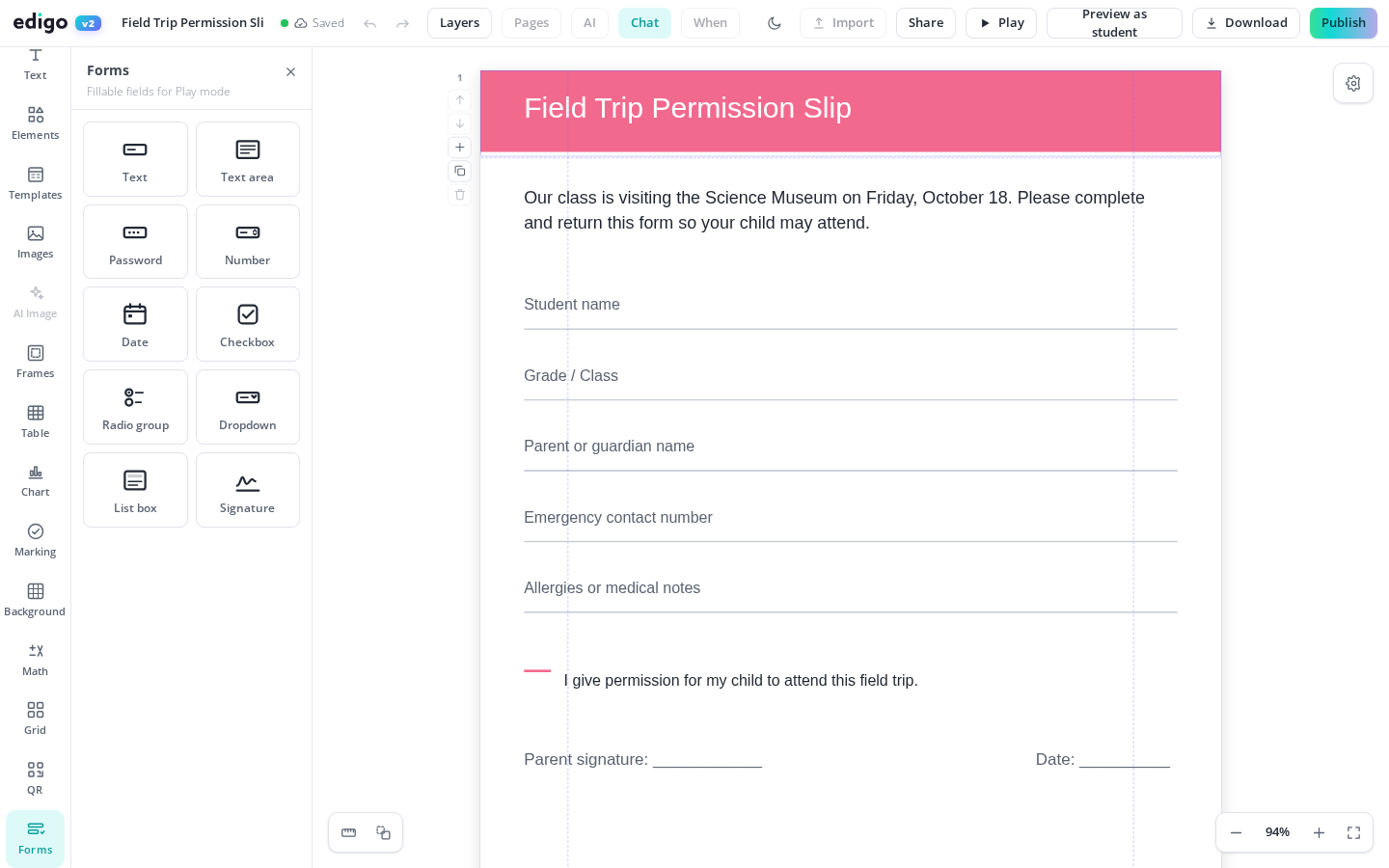 Interactive, Self-Grading Worksheets shown in the Edigo editor
