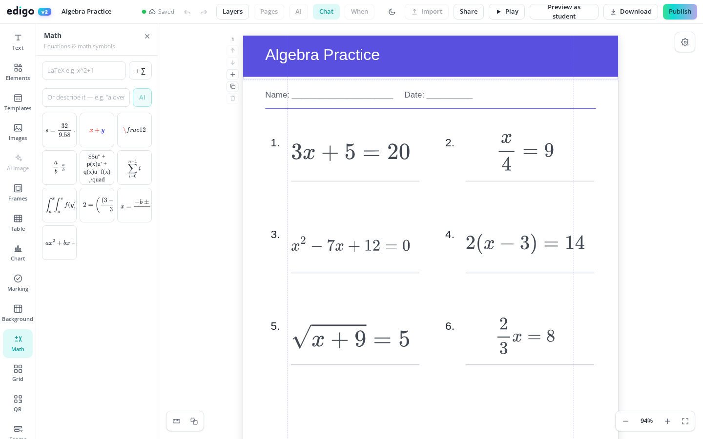The Math Worksheet Maker with Real Equations shown in the Edigo editor