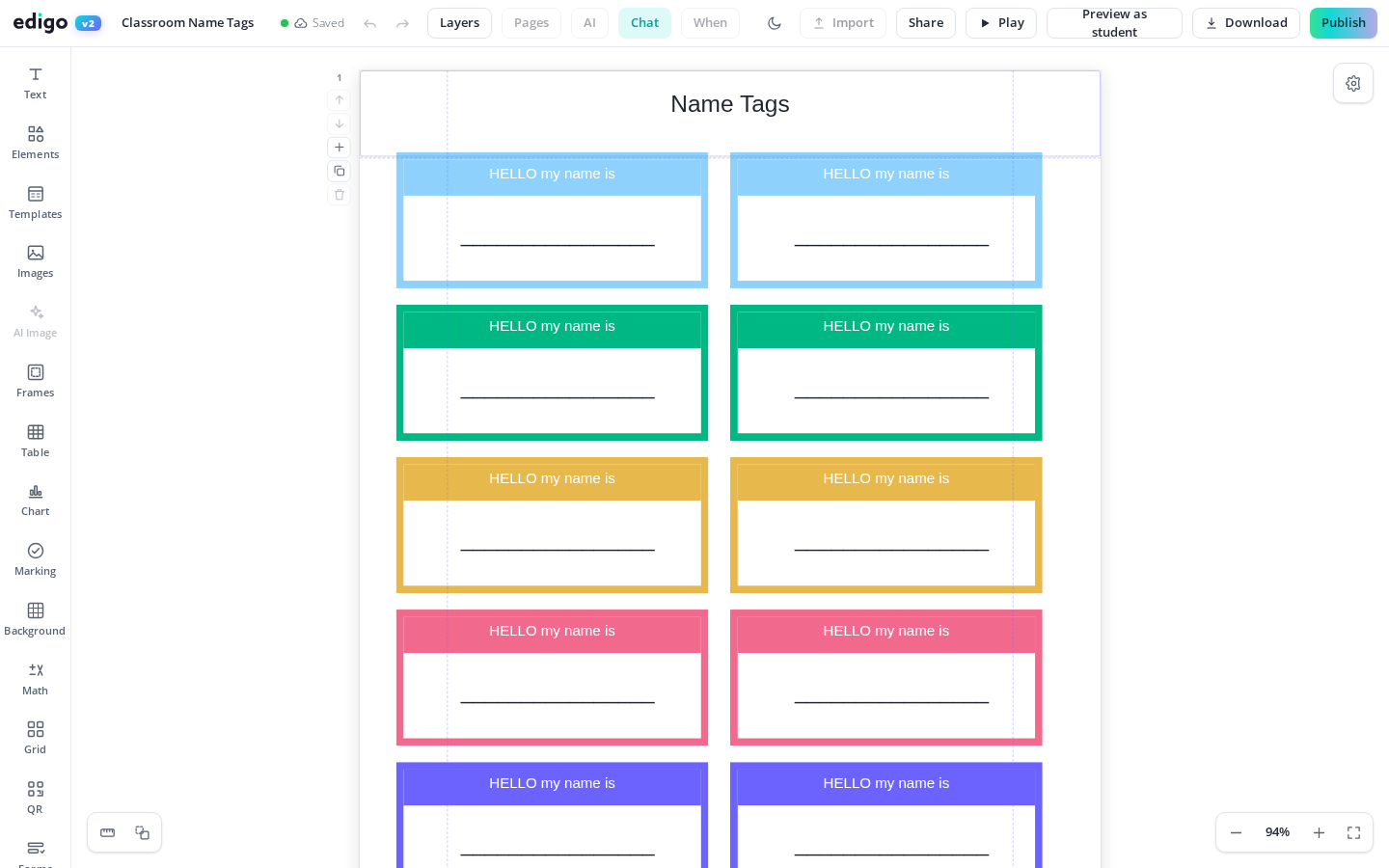 Printable Classroom Labels & Name Tags shown in the Edigo editor
