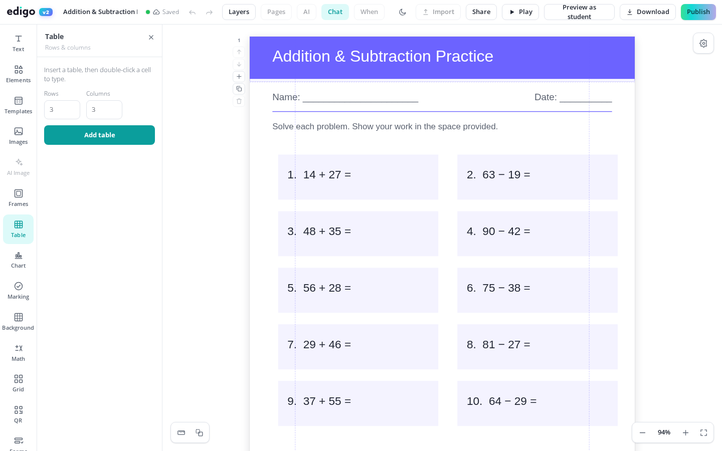 Build tidy tables into any worksheet fast shown in the Edigo editor