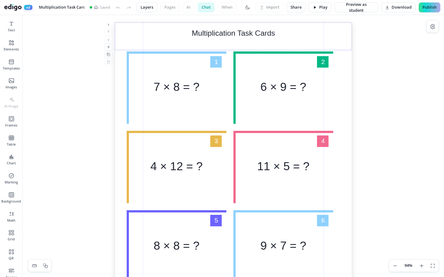 Make Printable Task Cards shown in the Edigo editor